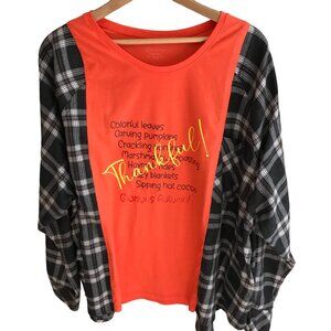 Upcycled Autumn Flannel Shirt Oversized Thankful Fall Graphics Plus Size L - 2XL